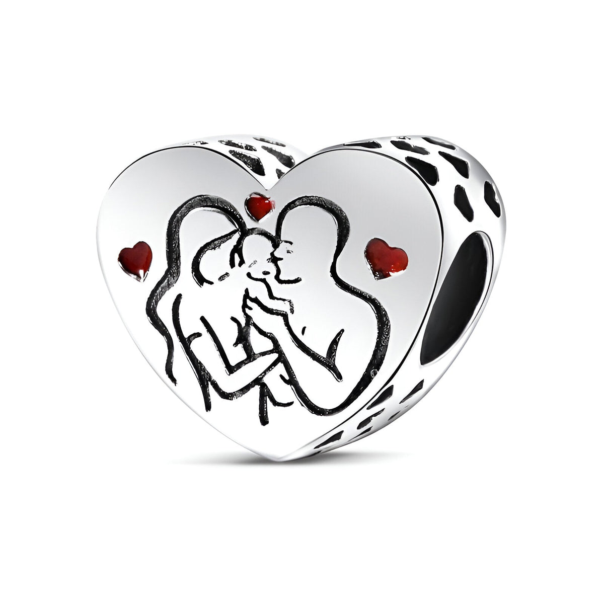 Charm en argent en forme de cœur avec gravure d’une famille et petits cœurs rouges incrustés.