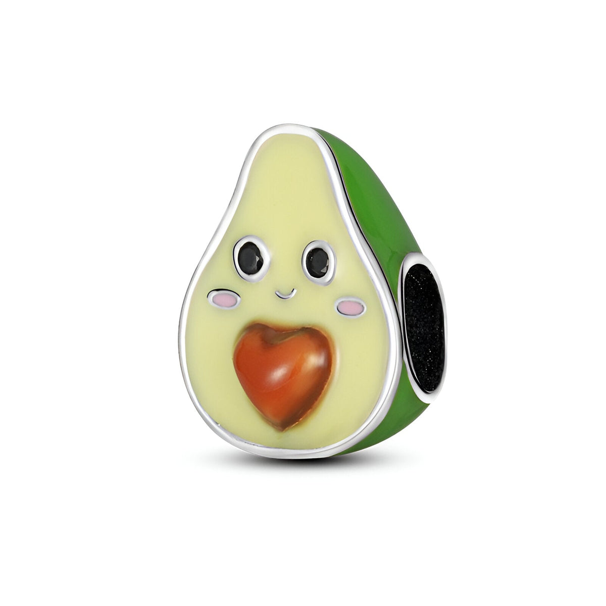Charm avocat en émail vert et crème avec noyau cœur rouge et visage souriant.