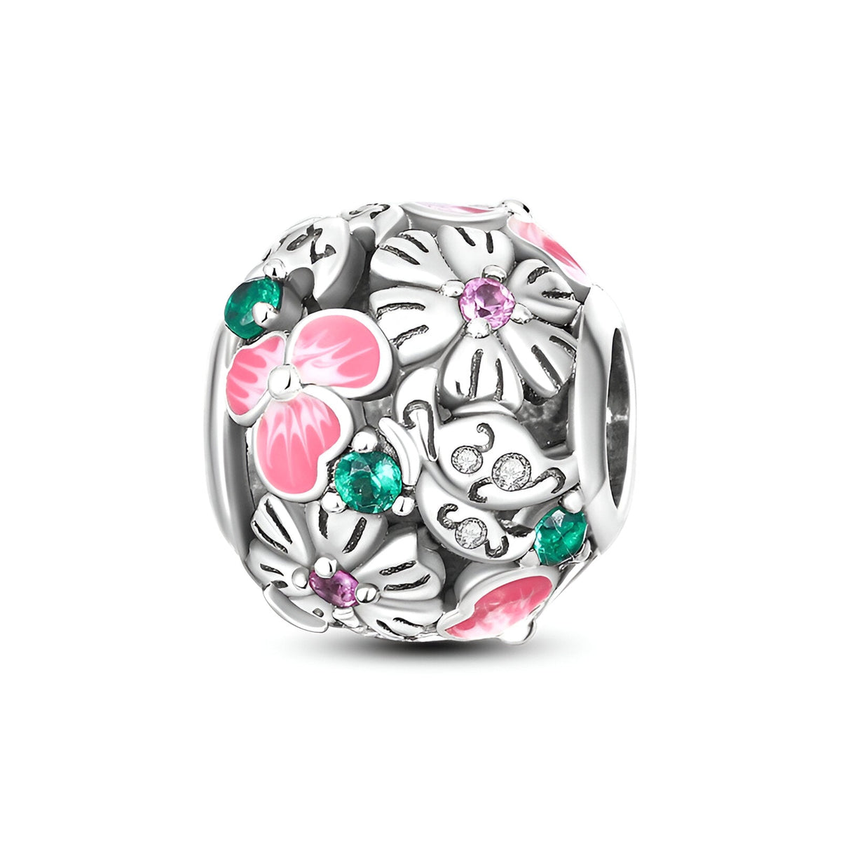 Breloque argent floral avec fleurs roses émaillées, cristaux verts et roses, motif délicat.