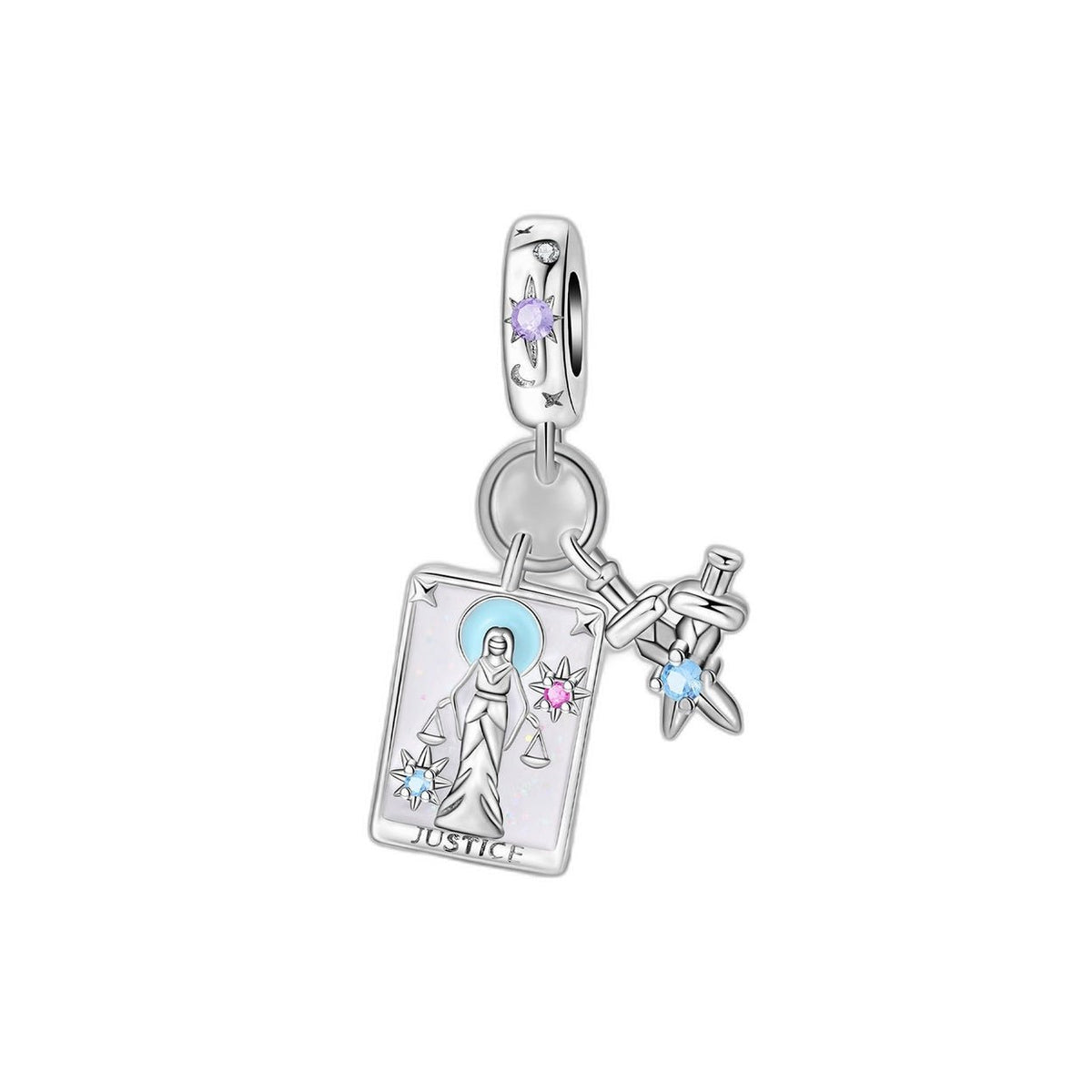 Charm Tarotkarte Gerechtigkeit, versilbertes Kupfer, Emaille und Zirkonia, Modell Ensiferia