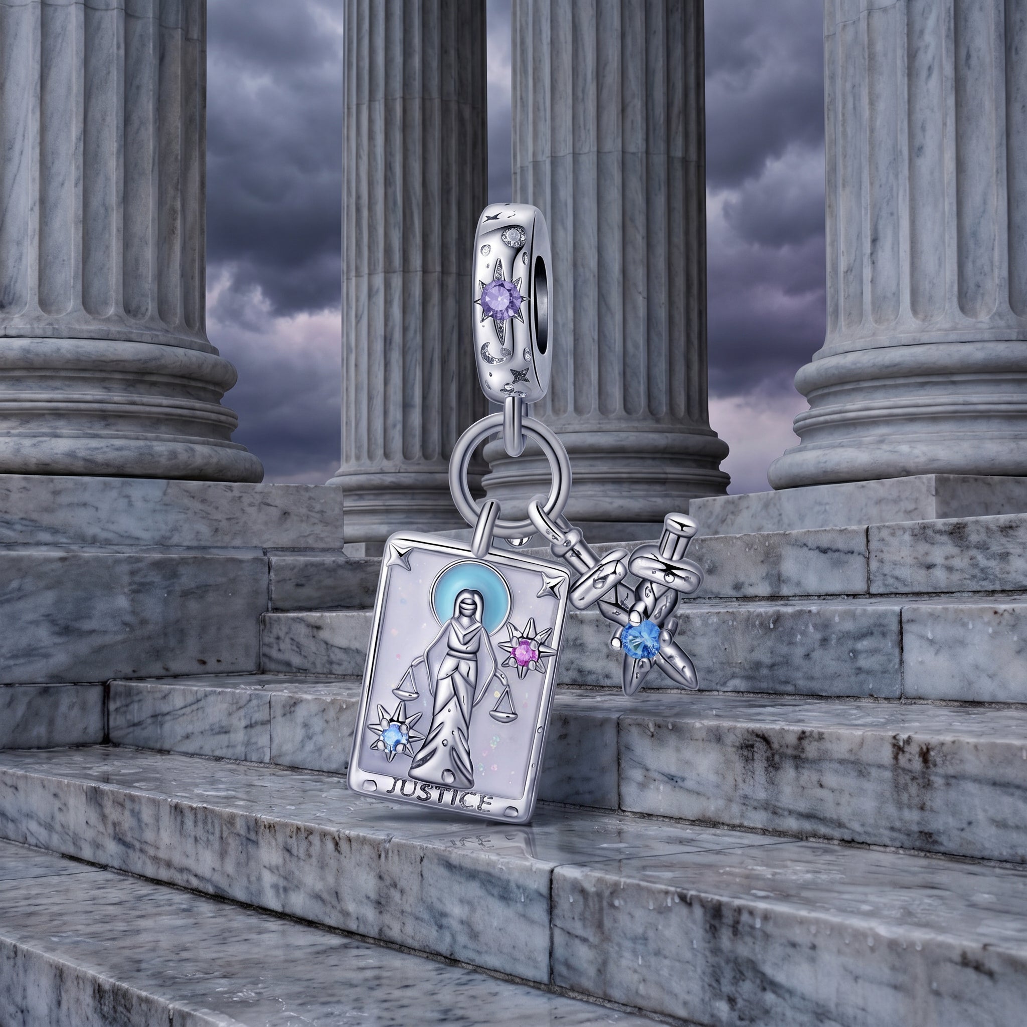 Klassischer Charm, Tarotkarte Gerechtigkeit (Schwert), für Damen, Modell Ensiferia