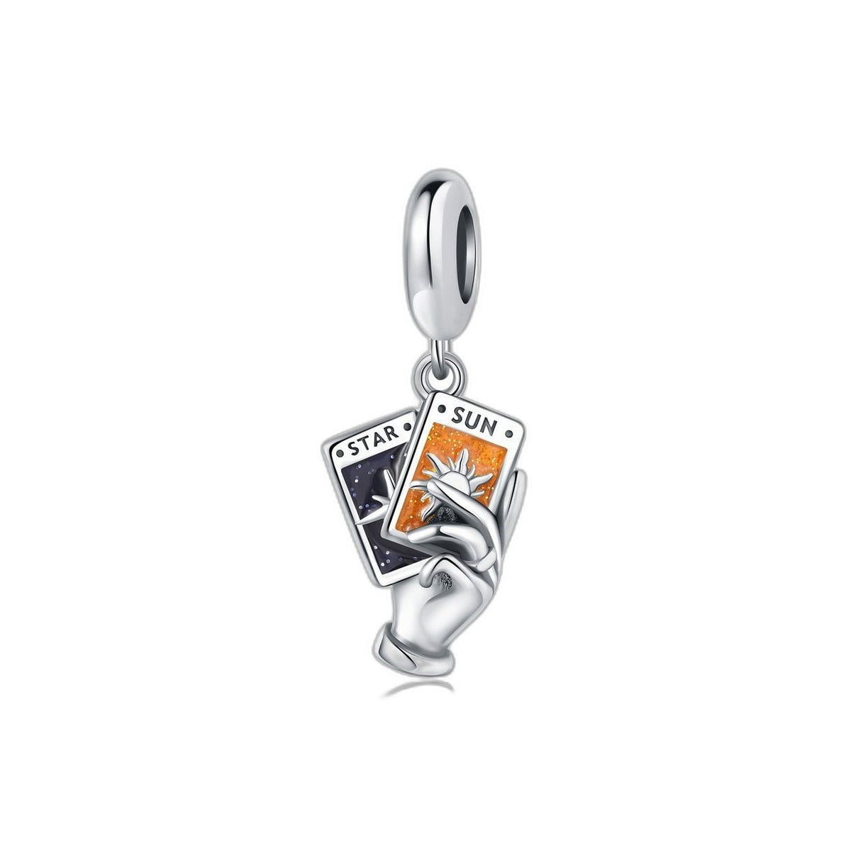 Charm carte de tarot, motif etoile et soleil, email colore et zircons, pour femme, modele Divina