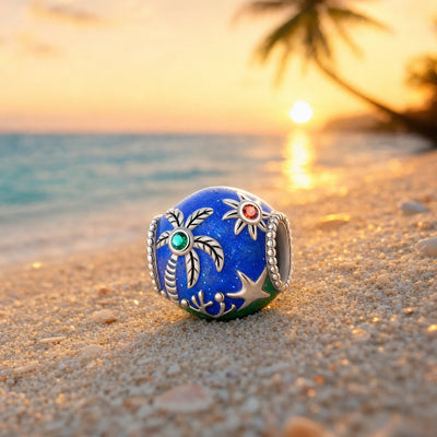 Pendente pérola tropical, esmalte azul com purpurinas, motivos de palmeira e estrela, modelo Stellaris