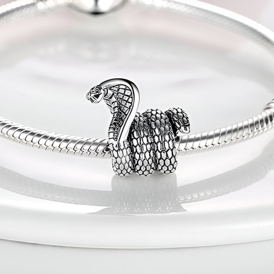 Charm cobra argenté détaillé en forme de serpent enroulé sur un bracelet serpent fin.