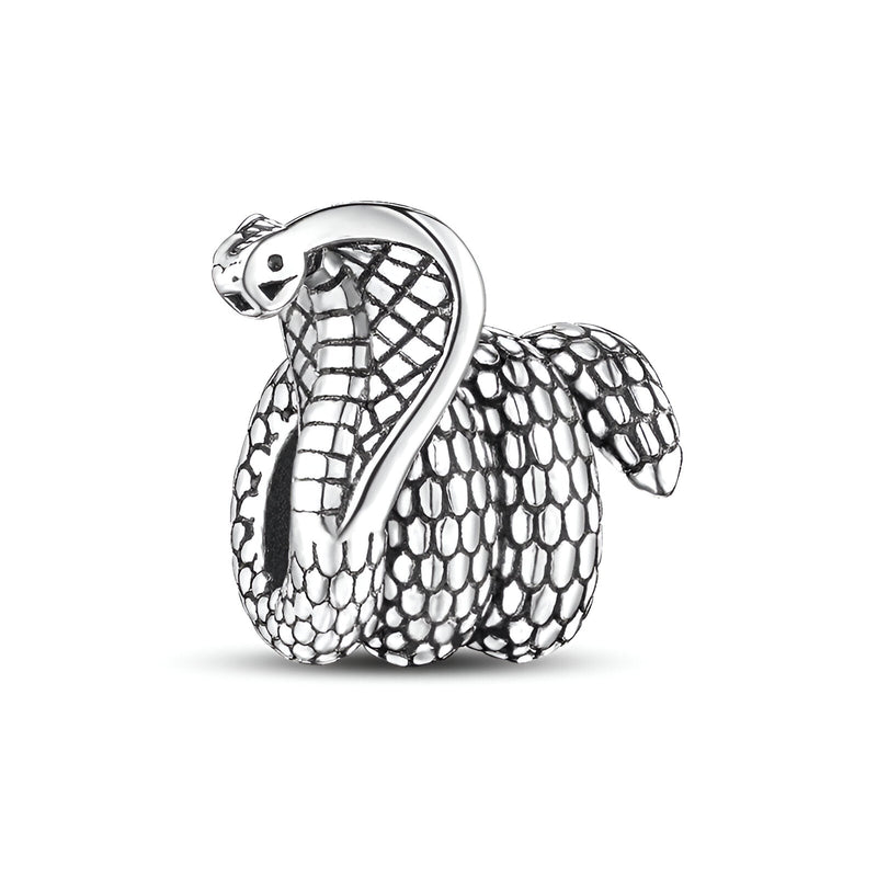 Charm cobra en argent avec détails d'écailles réalistes et posture menaçante.