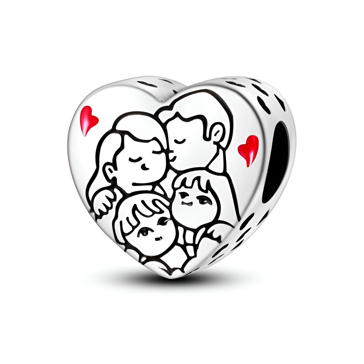 Charm en forme de cœur en métal argenté avec dessin noir d'une famille réunie et petits cœurs rouges.