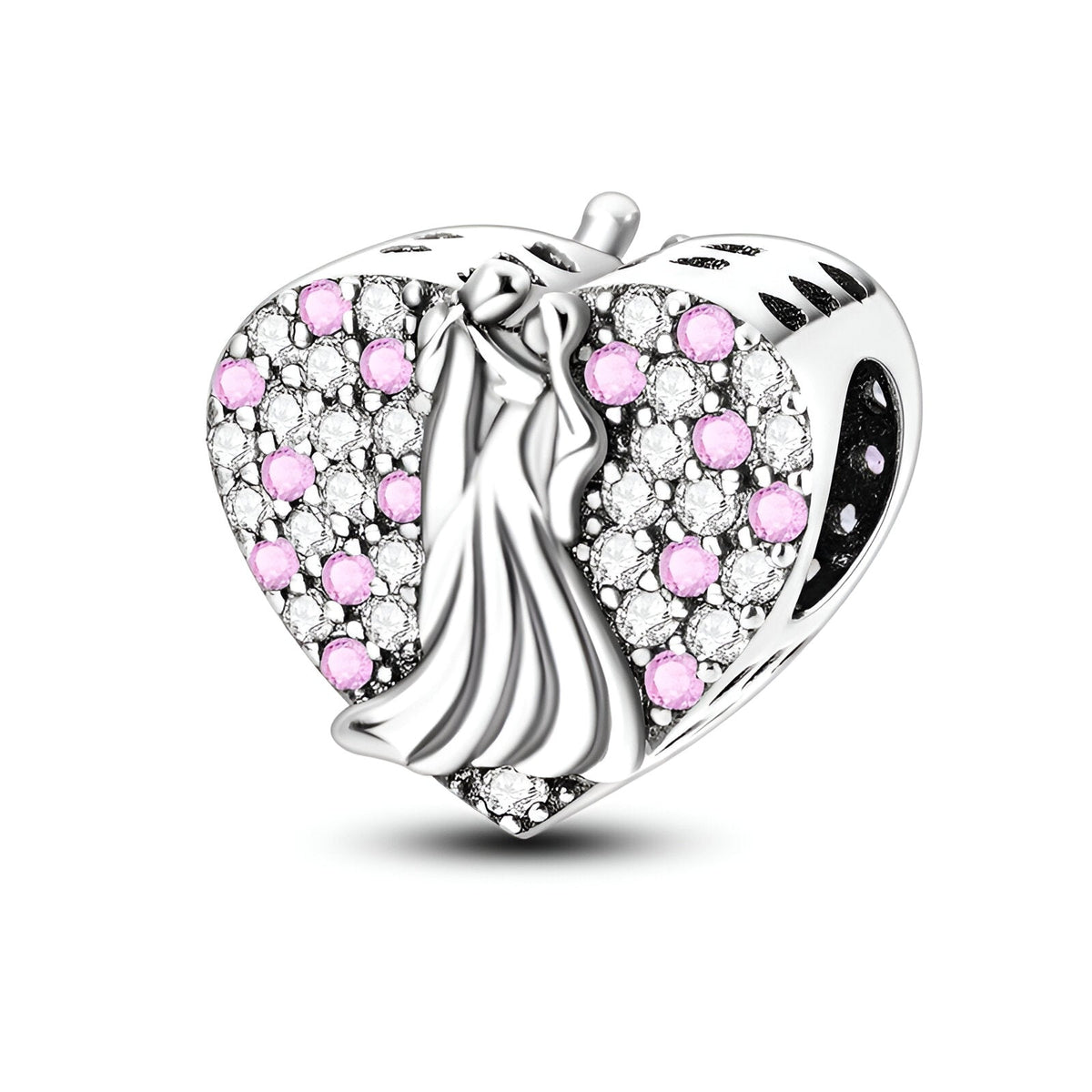Charm cœur en argent avec couple élégant en relief et pierres roses et blanches serties.