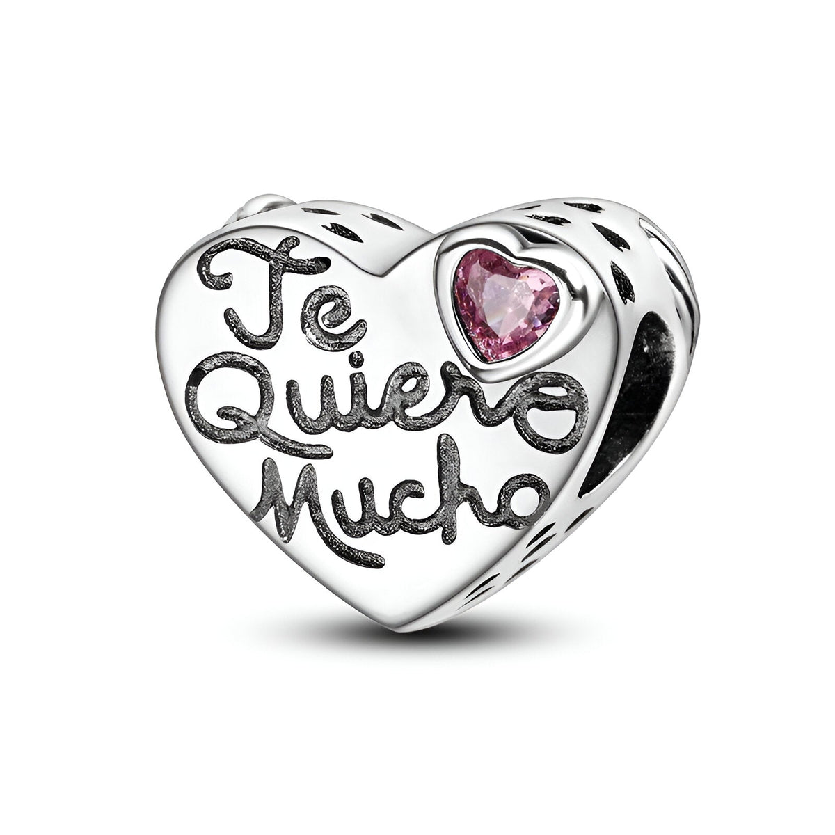 Charm cœur argenté gravé "Te quiero mucho" avec petit cœur rose serti, modèle Sunniva.
