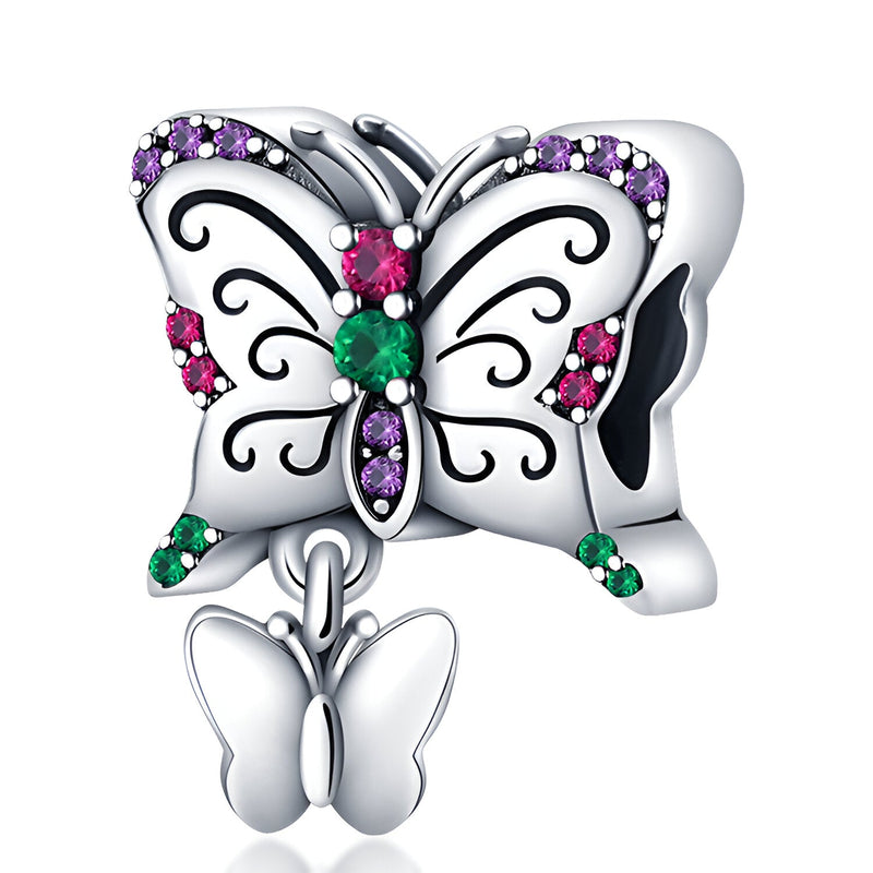 Charm argenté duo de papillons avec strass verts, roses et violets scintillants.