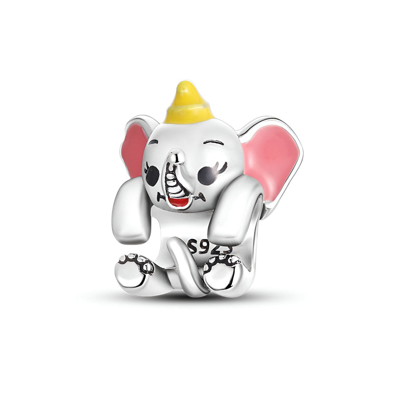 Charm éléphant en métal argenté avec grandes oreilles roses et chapeau jaune, style mignon féminin.