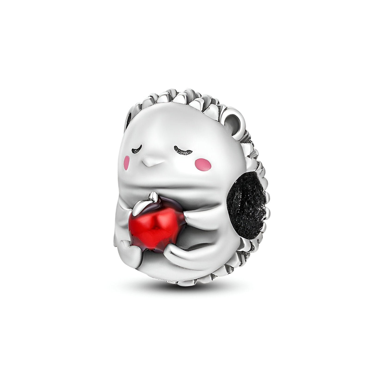 Charm hérisson argenté avec joues roses tenant une pomme rouge brillante.