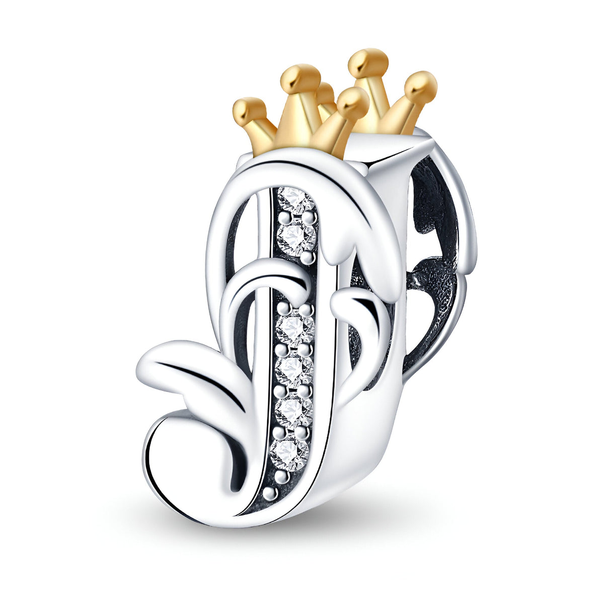 Charm lettre J en métal argenté avec strass et couronne dorée sur le dessus.