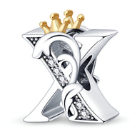 Charm lettre X en argent et or avec couronne dorée et détails en strass blancs.