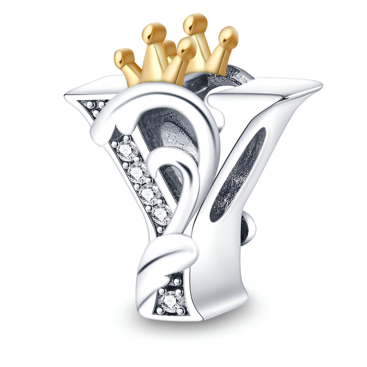 Charm lettre Y en argent avec couronne dorée et pavé de pierres brillantes.