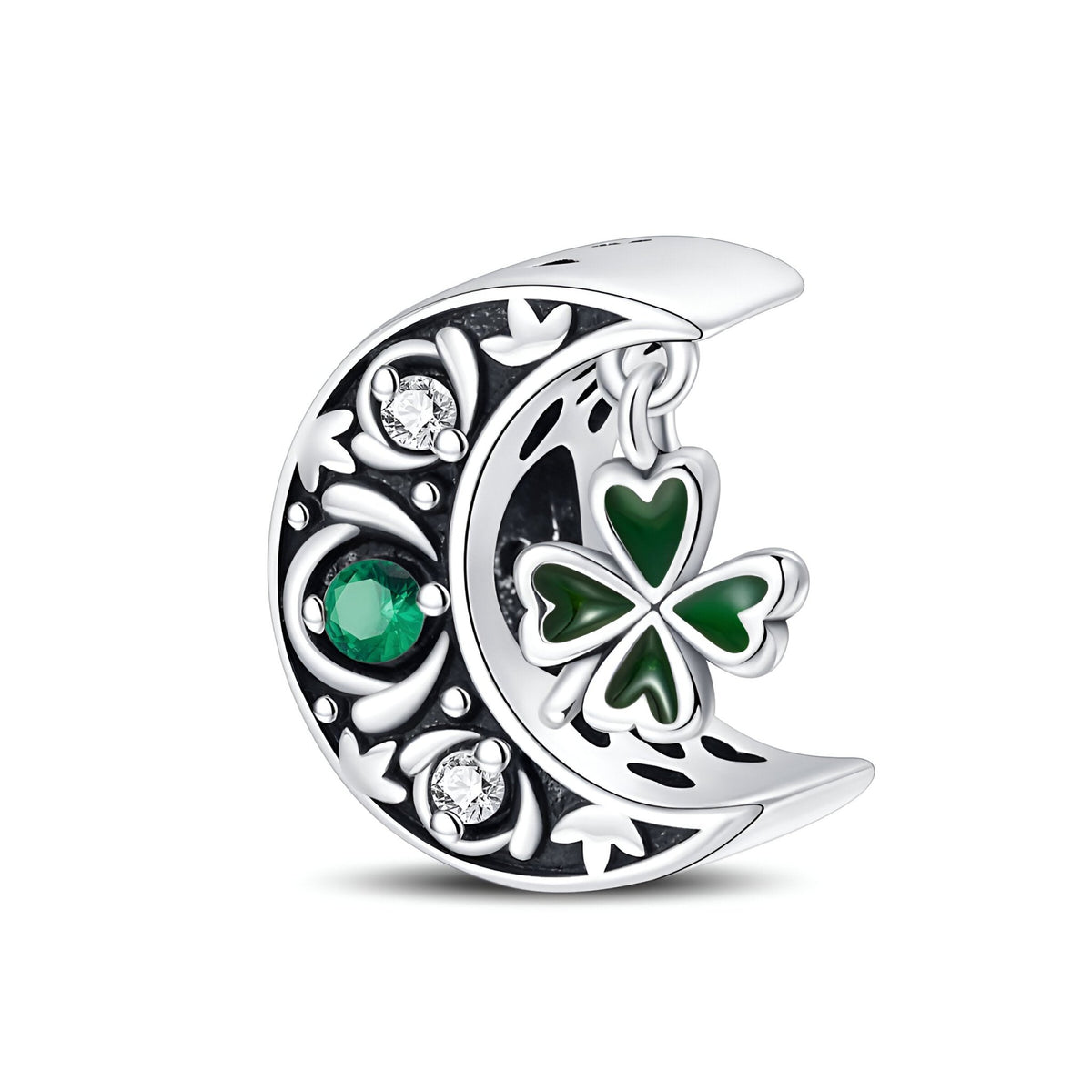 Charm en forme de lune argentée avec trèfle vert et strass blancs éclatants.