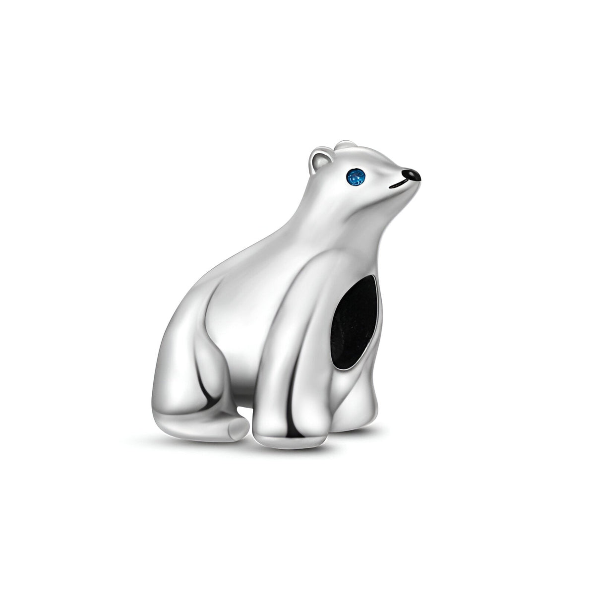Charm ours polaire en argent brillant avec œil bleu, design lisse et moderne.