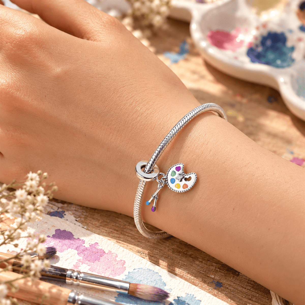 Charm palette de peinture et pinceaux, émaillé multicolore, pour femme, modèle Idony