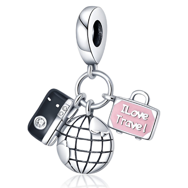 Charm pendentif en argent avec appareil photo noir, globe et valise rose "I Love Travel".
