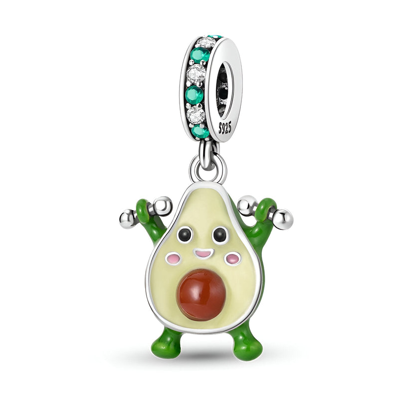 Charm pendentif avocat souriant avec bras levés, émail vert clair et perle marron centrale, serti de pierres bleues et.
