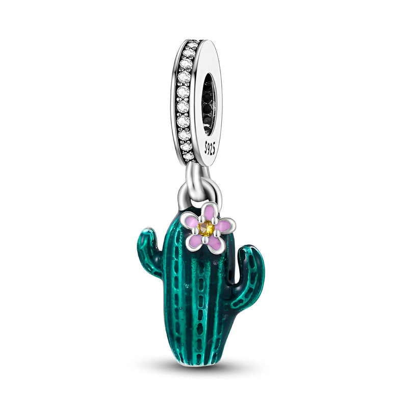 Charm pendentif cactus émaillé vert avec fleur rose et breloque en argent sterling.