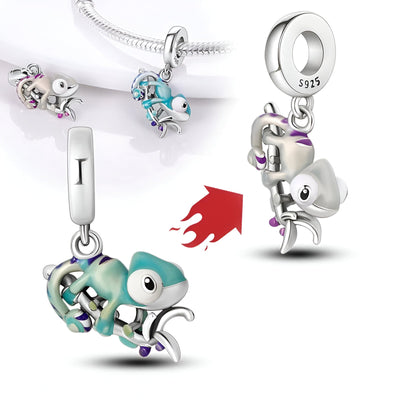 Pendentif caméléon en argent avec émail changeant de couleur, détails fins et chaîne serpent.