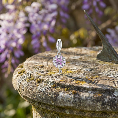 Charm pendant, vintage violet key of time with dial and zircons, for women, Temporis model