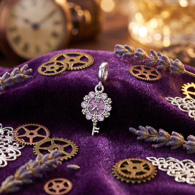 Charm pendant, vintage violet key of time with dial and zircons, for women, Temporis model