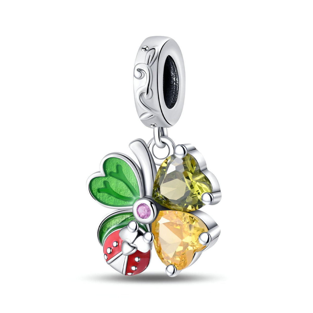 Pendentif charme coccinelle rouge sur trèfle vert avec pierres jaunes et rose en métal argenté.