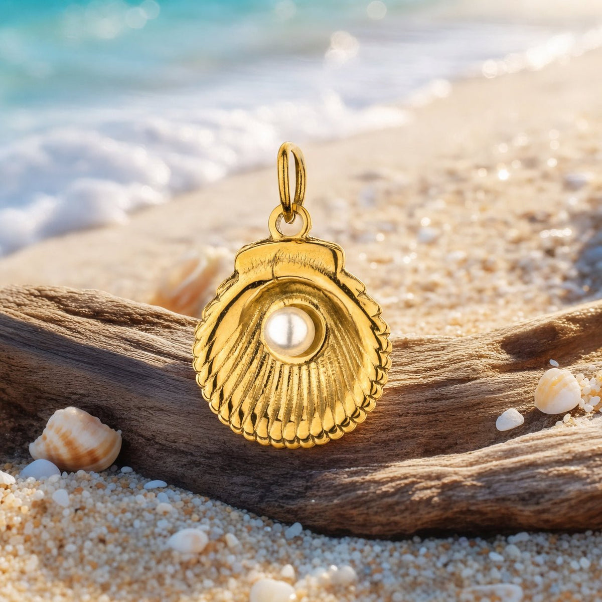 Charm pendant coquillage doré avec perle, pour femme, modèle Perlina