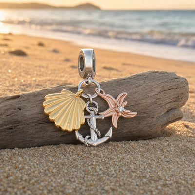 Charm pendant marin, coquillage, etoile de mer et ancre, finition argentee, modele Tritonia