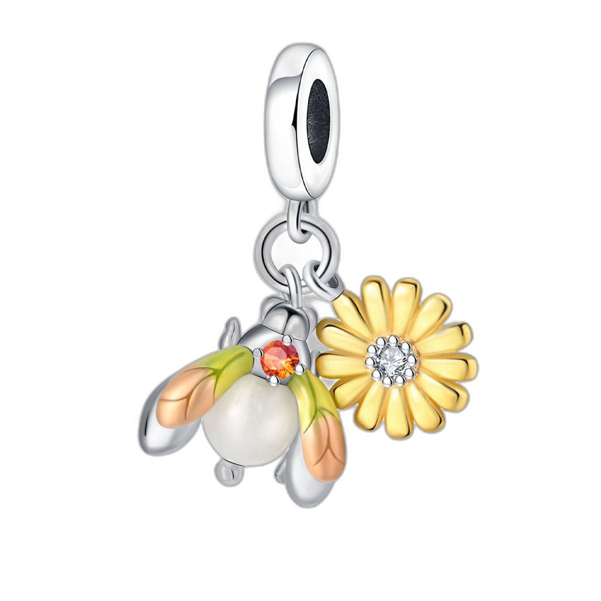 Charm pendant, Double pendentif luciole nacrée et tournesol doré champêtre, pour femme, modèle Luciole et Tournesol
