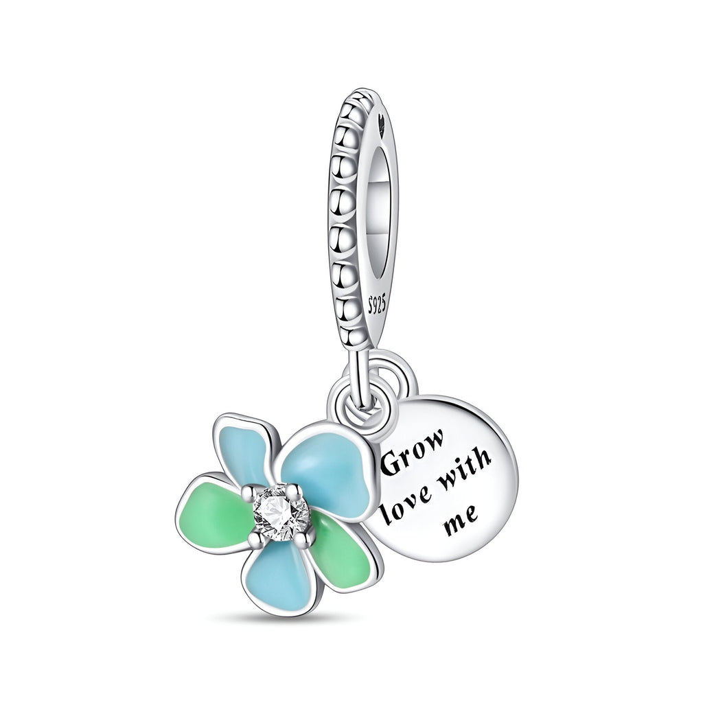 Charm pendentif en argent avec fleur bleue et verte émaillée, breloque ronde gravée "Grow love with me".