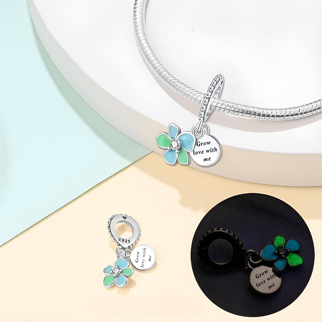 Charm pendentif argent avec fleur turquoise et cœur gravé "grow love with me".