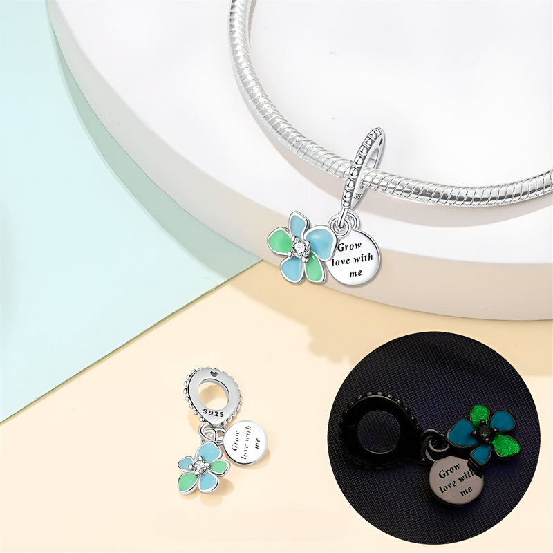 Charm pendentif argent avec fleur turquoise et cœur gravé "grow love with me".