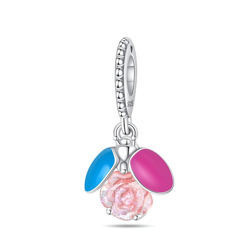 Charm pendentif argent luciole avec ailes rose et bleues scintillantes et fleur en cristal rose.