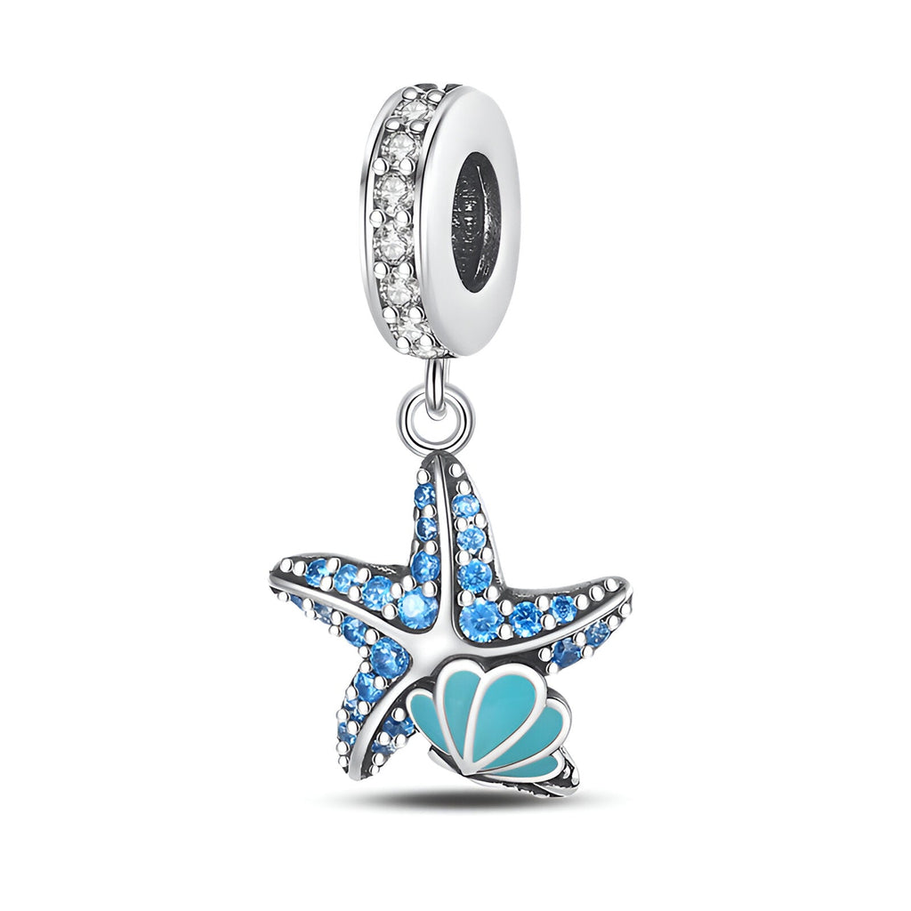 Charm pendant étoile de mer argentée ornée de strass bleus et turquoise, modèle Maria.
