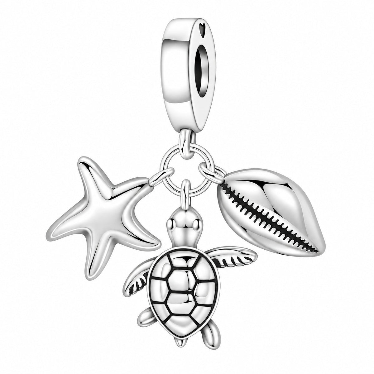 Charm pendente trio marino, stella marina e conchiglie, finitura argentata, modello Pelagos