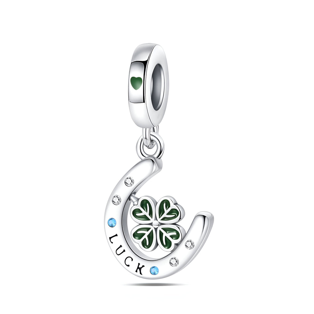 Charm pendentif argent fer à cheval orné de trèfle vert et pierres colorées, gravure "LUCK".