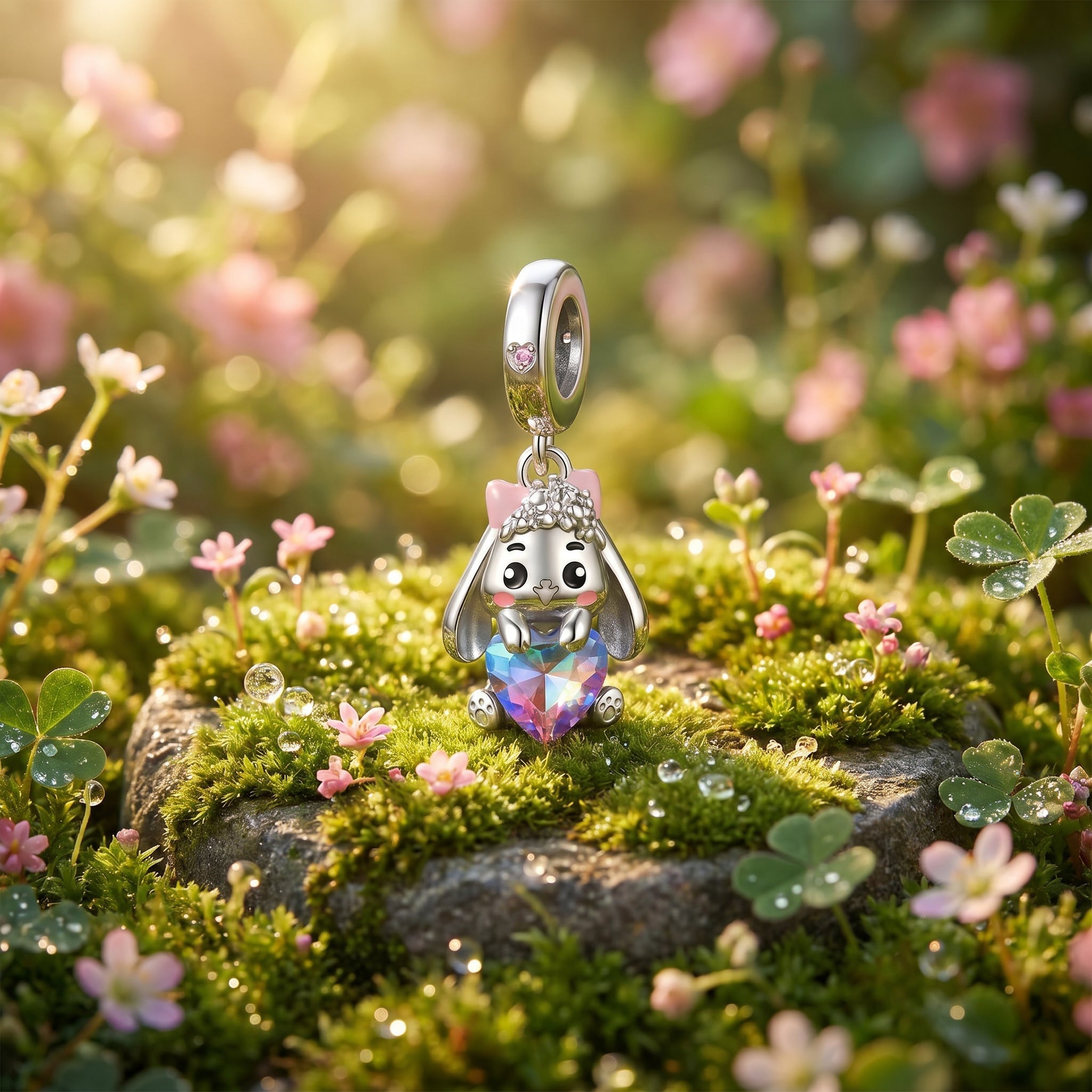 Charm-Anhänger, niedliches Kaninchen mit Blumenkrone, für Damen, Modell Florabella
