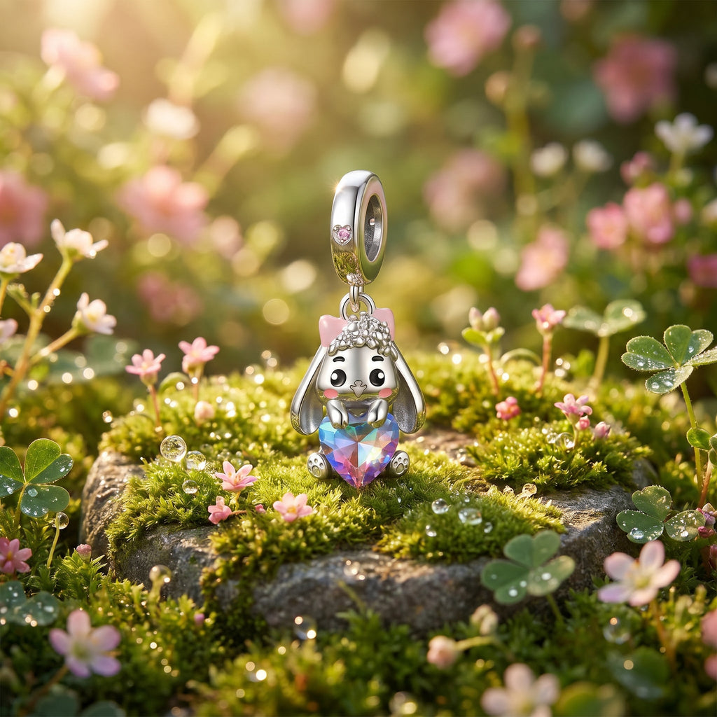 Charm-Anhänger, niedliches Kaninchen mit Blumenkrone, für Damen, Modell Florabella