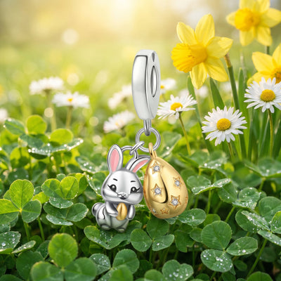 Easter bunny charm with golden egg adorned with zircons, for women, Pascalina model