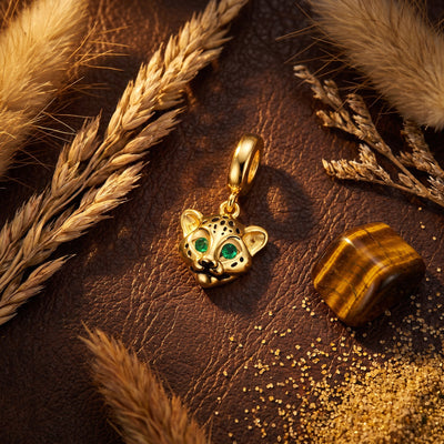 Charm pendant léopard, yeux en zircons verts, émail noir, pour femme, modèle Leopardino