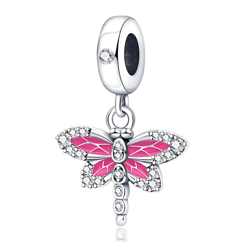 Charm pendentif libellule argent avec ailes roses émaillées et cristaux brillants.
