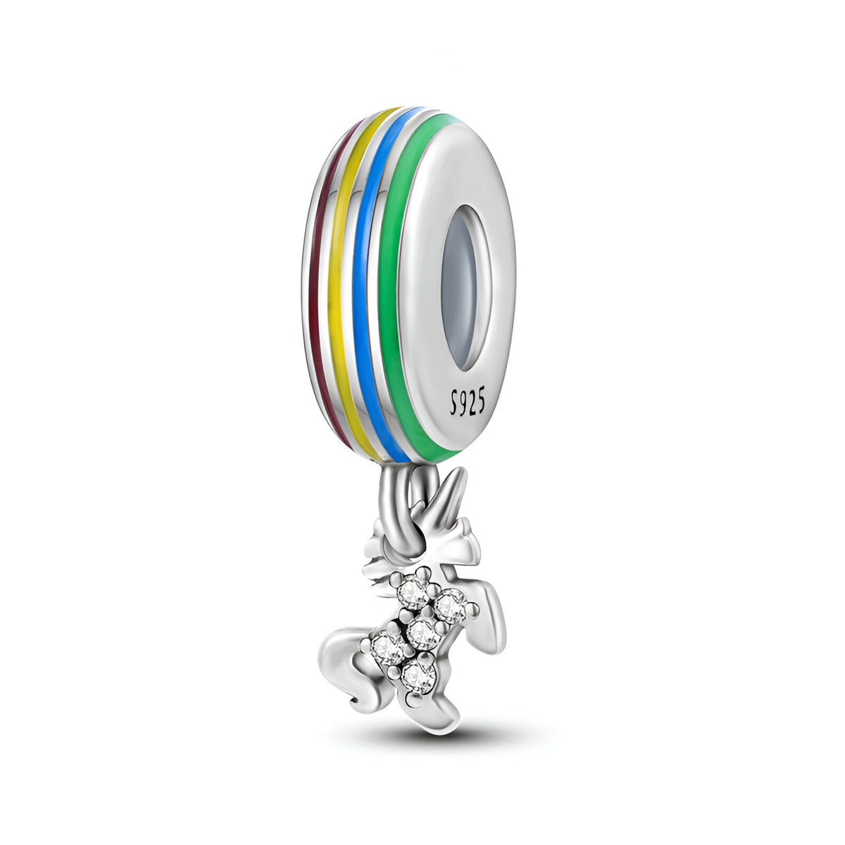 Pendentif licorne argent avec cristaux et anneau multicolore bleu vert jaune rouge.