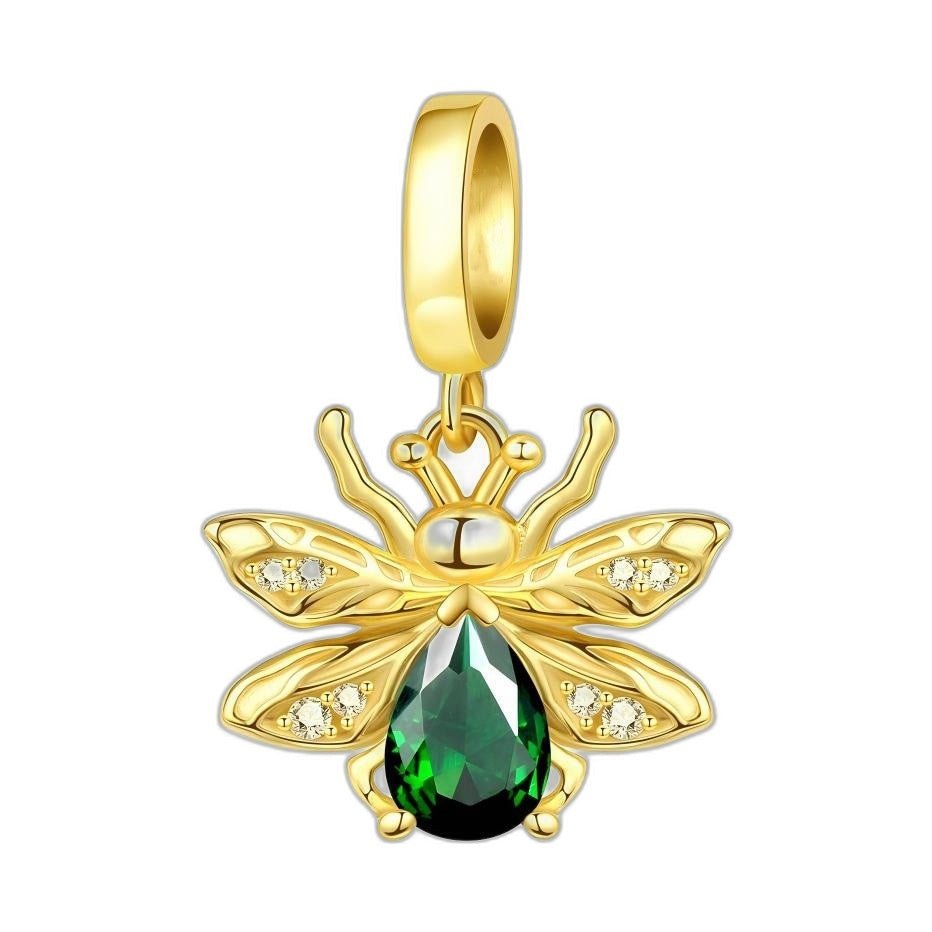 Luminescent firefly charm, green teardrop stone, wings set with zircons, model Emerald Drop Firefly