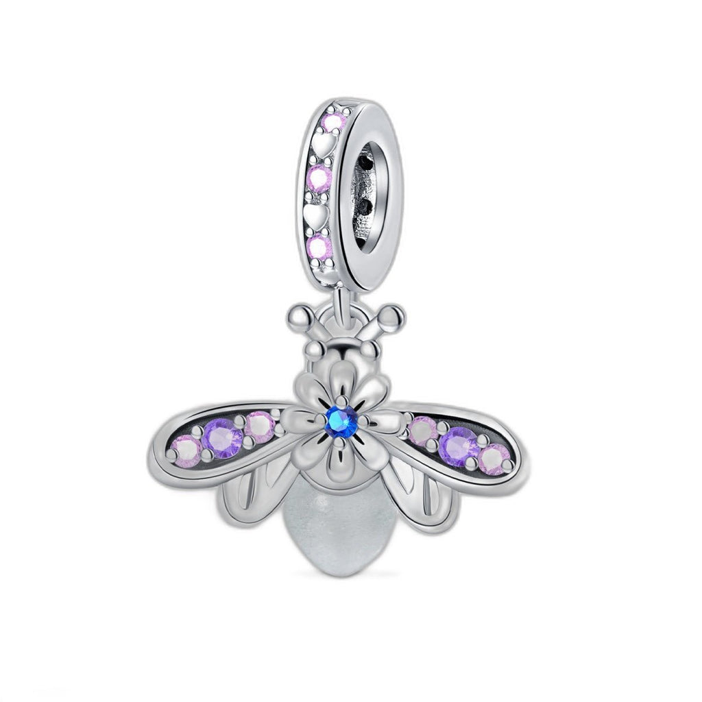 Bedel hanger, paarse florale vuurvlieg met roze zirkonia’s en een lichtgevende, ijzige bol, voor dames, model Luciole Florale Violette