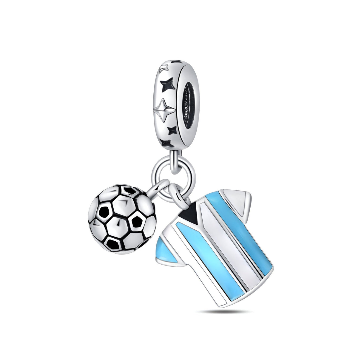 Charm pendentif argent avec maillot bleu, blanc et noir et ballon de foot détaillé.