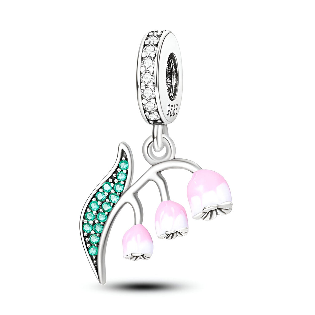 Charm pendentif muguet argent avec fleurs roses et feuille ornée de pierres turquoise.