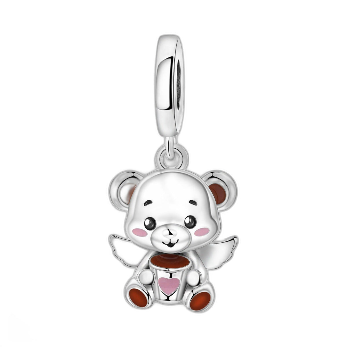 Charm pendant ours ange au café, ailes déployées, émail rose et marron, modèle Angelours