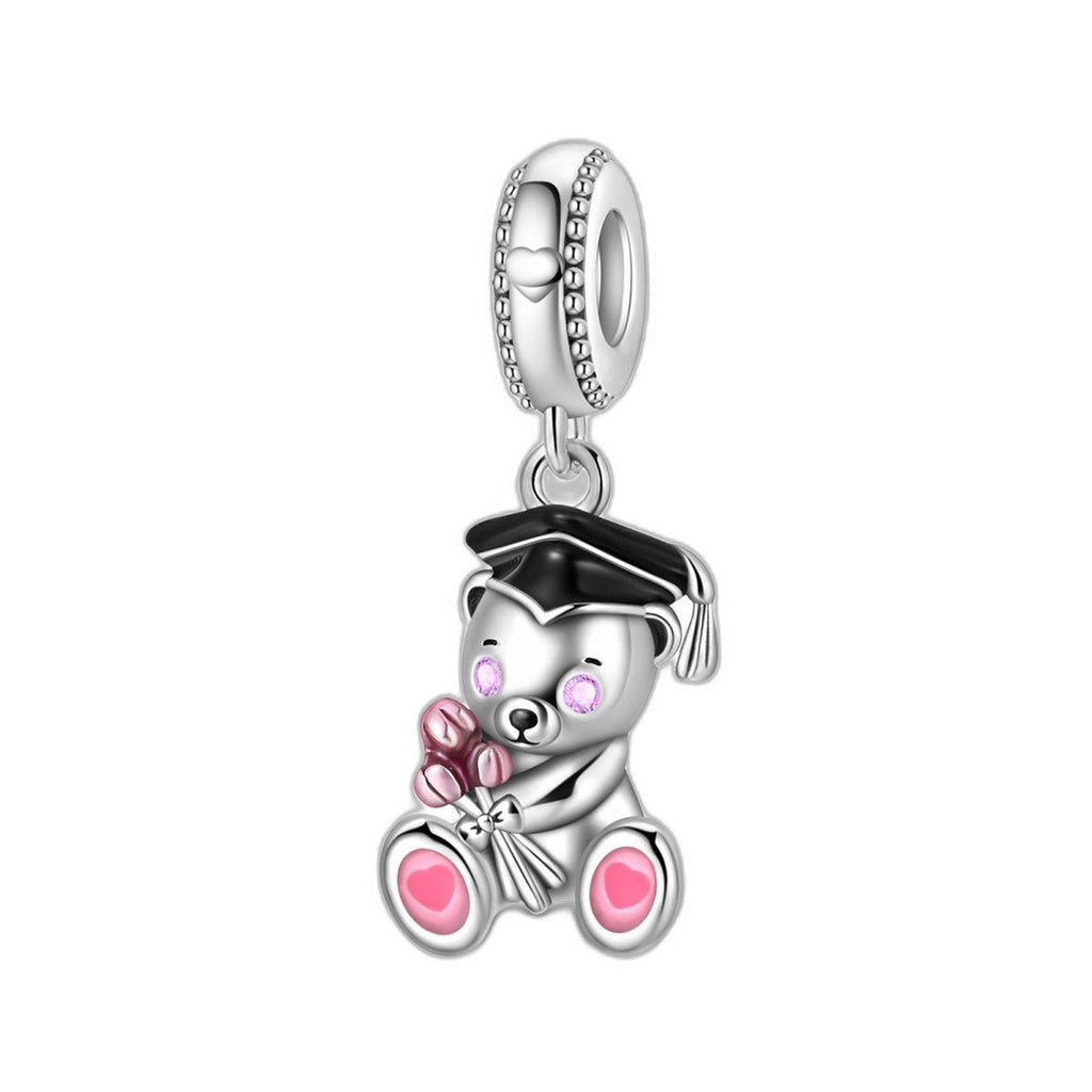 Charm-Anhänger, graduierter Bär mit rosa Tulpen und Herzen, für Damen, Modell Tulipours